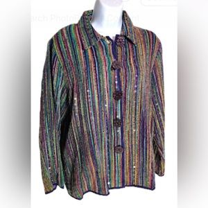 RAVIYA - Women’s Purple Multicolored Stripe Button‎ Front Blazer - Size M